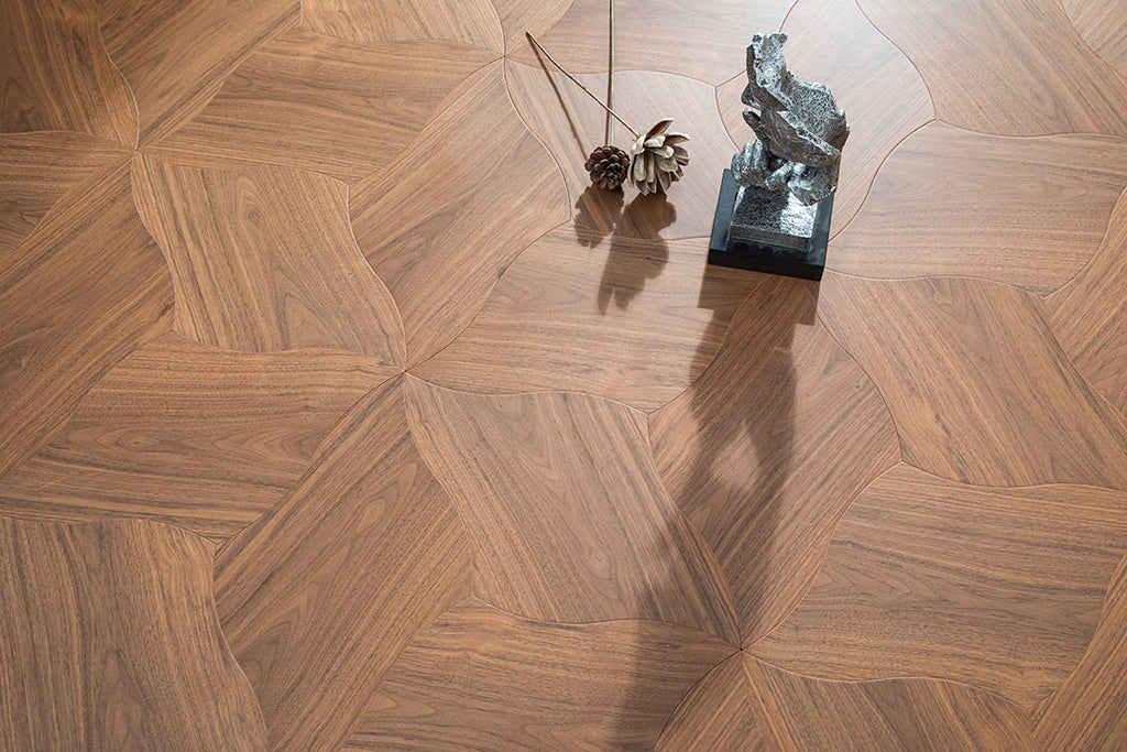 YXPH01 Quatrefoil Contour Art Parquet Full Birch Multi-layer Core Solid Wood Black Walnut Veneer Flush Joint Engineered Flooring