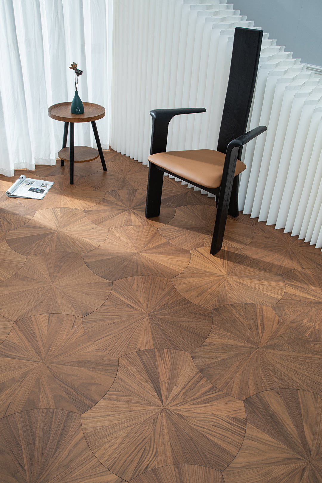YXPH02 Sunburst Contour Art Parquet Full Birch Multi-layer Core Solid Wood Black Walnut Veneer Flush Joint Engineered Flooring