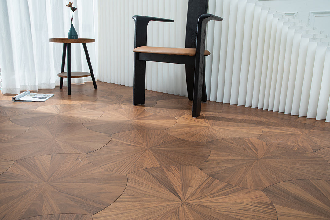 YXPH02 Sunburst Contour Art Parquet Full Birch Multi-layer Core Solid Wood Black Walnut Veneer Flush Joint Engineered Flooring