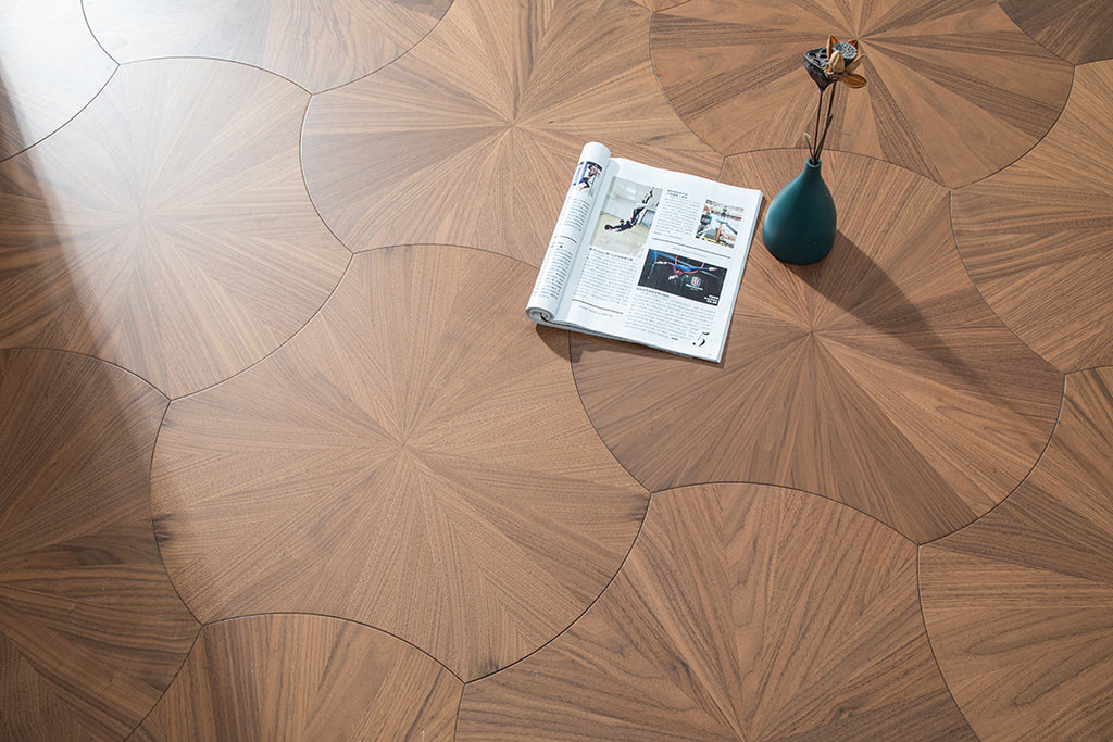 YXPH02 Sunburst Contour Art Parquet Full Birch Multi-layer Core Solid Wood Black Walnut Veneer Flush Joint Engineered Flooring