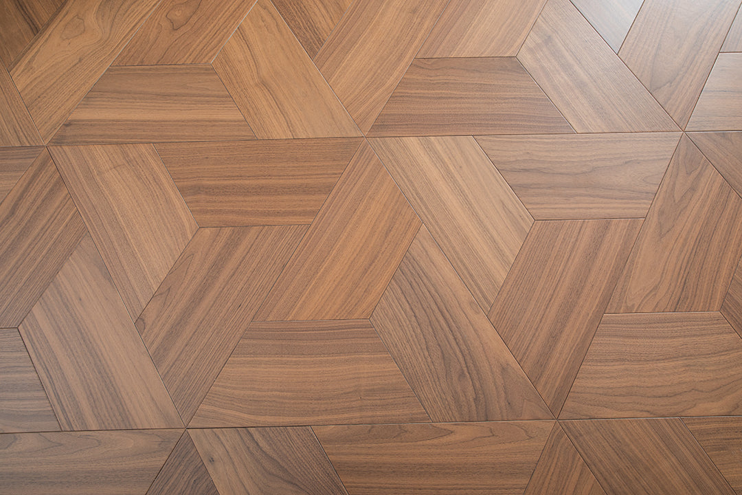YXPH03 Trapezoid Contour Art Parquet Full Birch Multi-layer Core Solid Wood Black Walnut Veneer Flush Joint Engineered Flooring