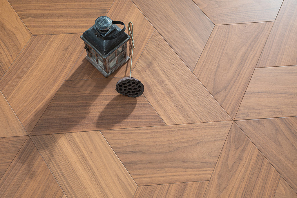 YXPH03 Trapezoid Contour Art Parquet Full Birch Multi-layer Core Solid Wood Black Walnut Veneer Flush Joint Engineered Flooring