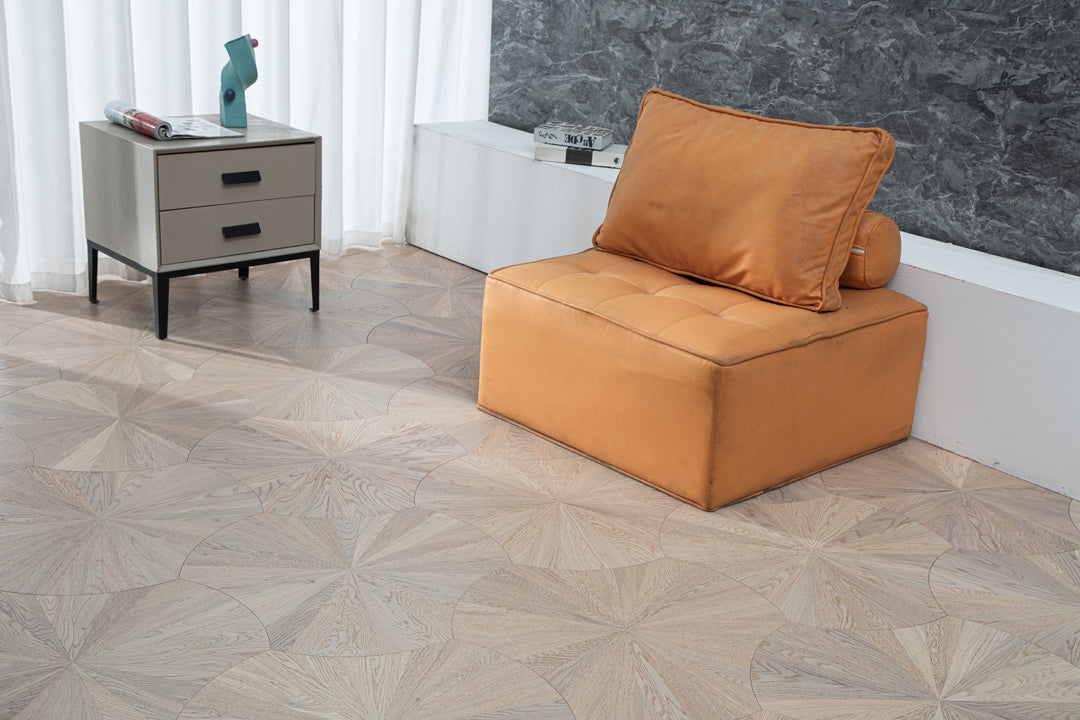 YXPX602 Pale Greige Oak Sunburst Radial Organic Parquet Flooring | Lotus Leaf Series