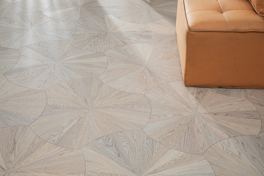 YXPX602 Pale Greige Oak Sunburst Radial Organic Parquet Flooring | Lotus Leaf Series