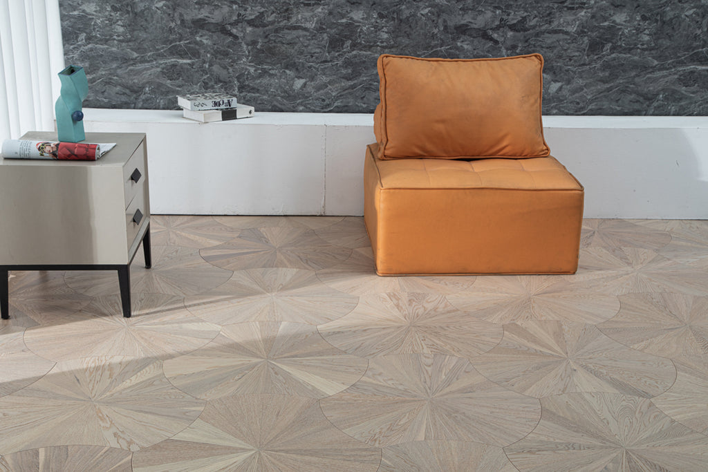 YXPX602 Pale Greige Oak Sunburst Radial Organic Parquet Flooring | Lotus Leaf Series
