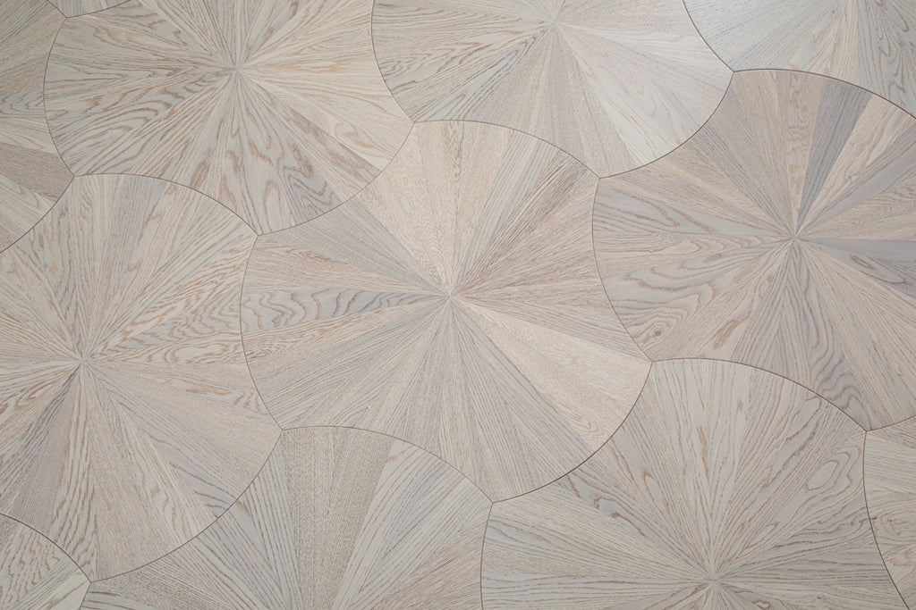 YXPX602 Pale Greige Oak Sunburst Radial Organic Parquet Flooring | Lotus Leaf Series