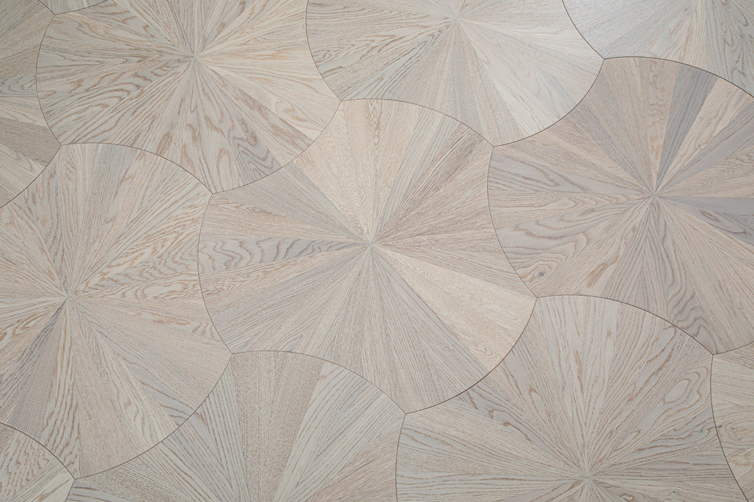 YXPX602 Pale Greige Oak Sunburst Radial Organic Parquet Flooring | Lotus Leaf Series