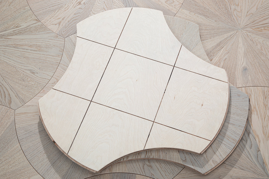 YXPX602 Pale Greige Oak Sunburst Radial Organic Parquet Flooring | Lotus Leaf Series