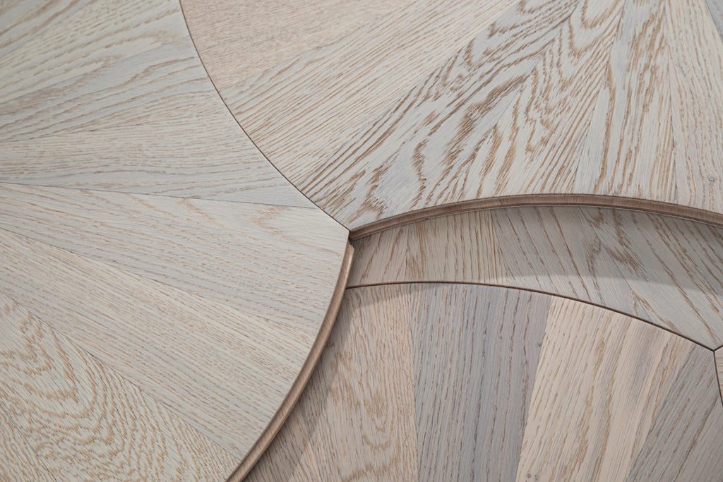 YXPX602 Pale Greige Oak Sunburst Radial Organic Parquet Flooring | Lotus Leaf Series