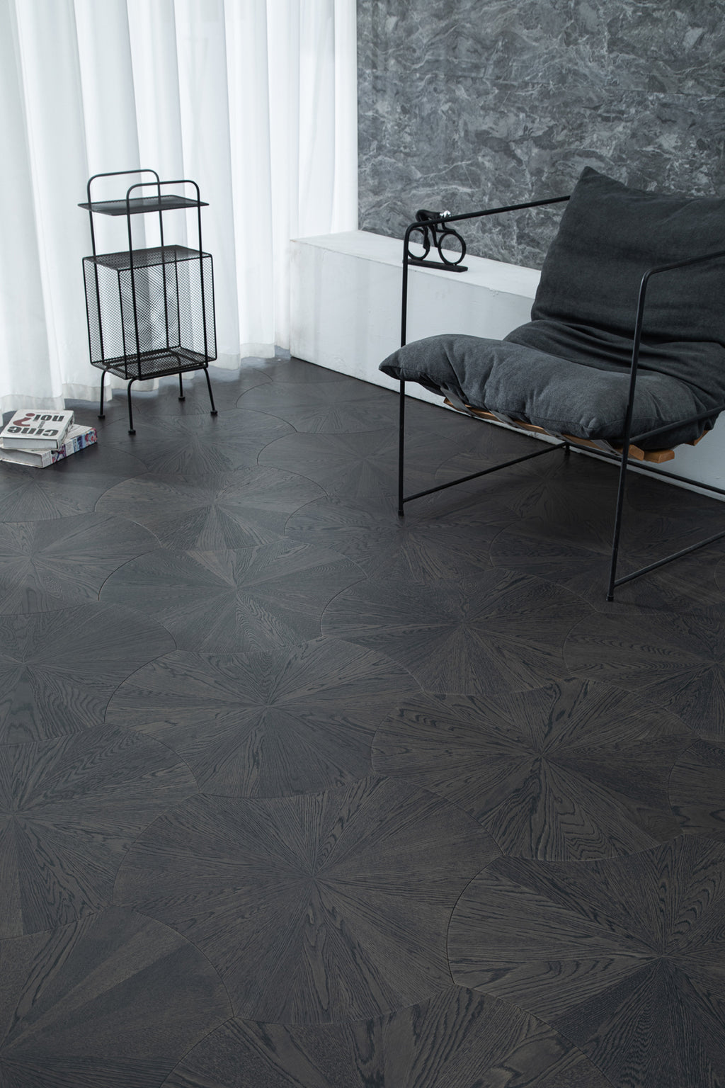 YXPX603 Deep Charcoal Oak Sunburst Radial Luxury Parquet Flooring | Lotus Leaf Series