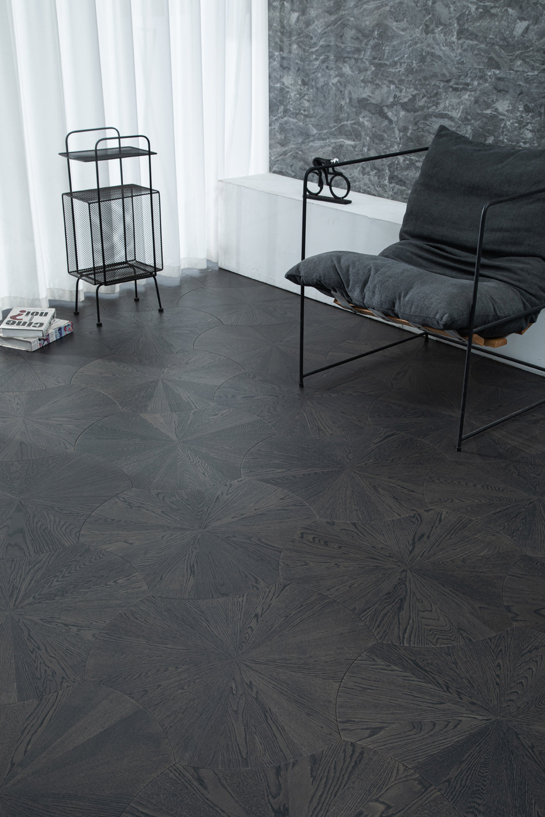 YXPX603 Deep Charcoal Oak Sunburst Radial Luxury Parquet Flooring | Lotus Leaf Series