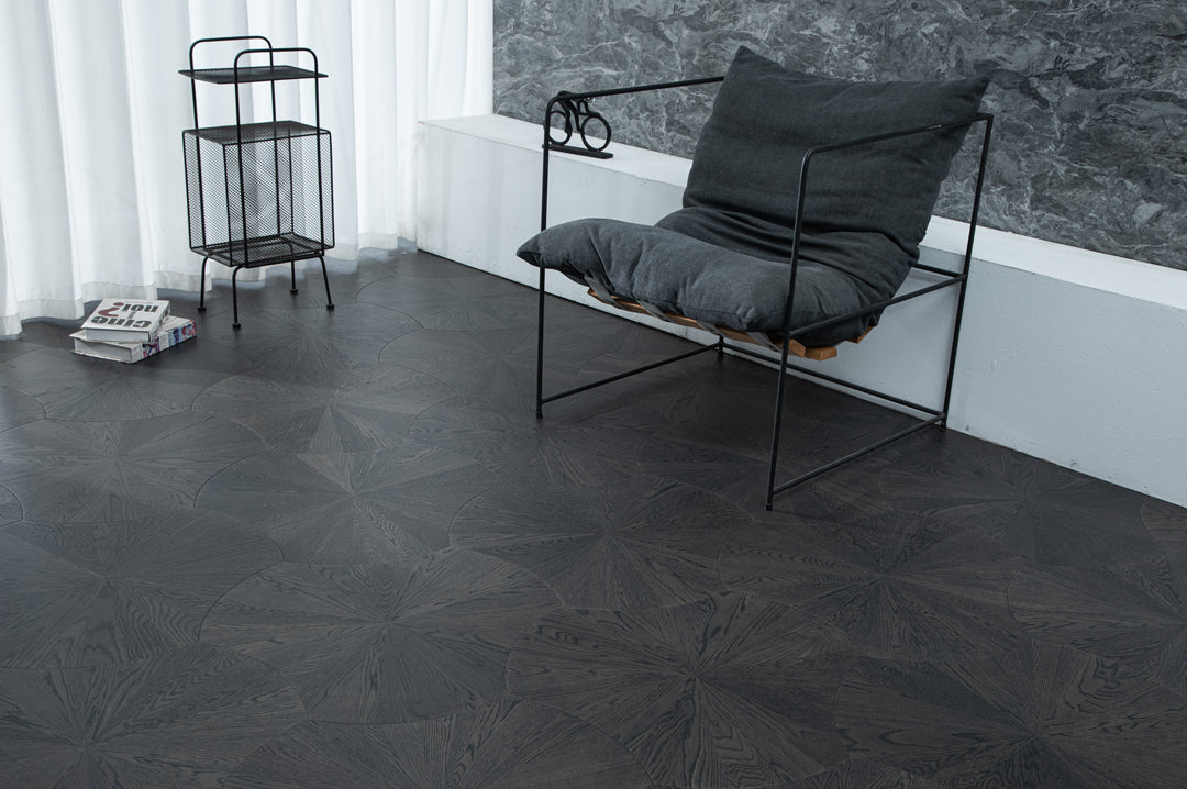 YXPX603 Deep Charcoal Oak Sunburst Radial Luxury Parquet Flooring | Lotus Leaf Series