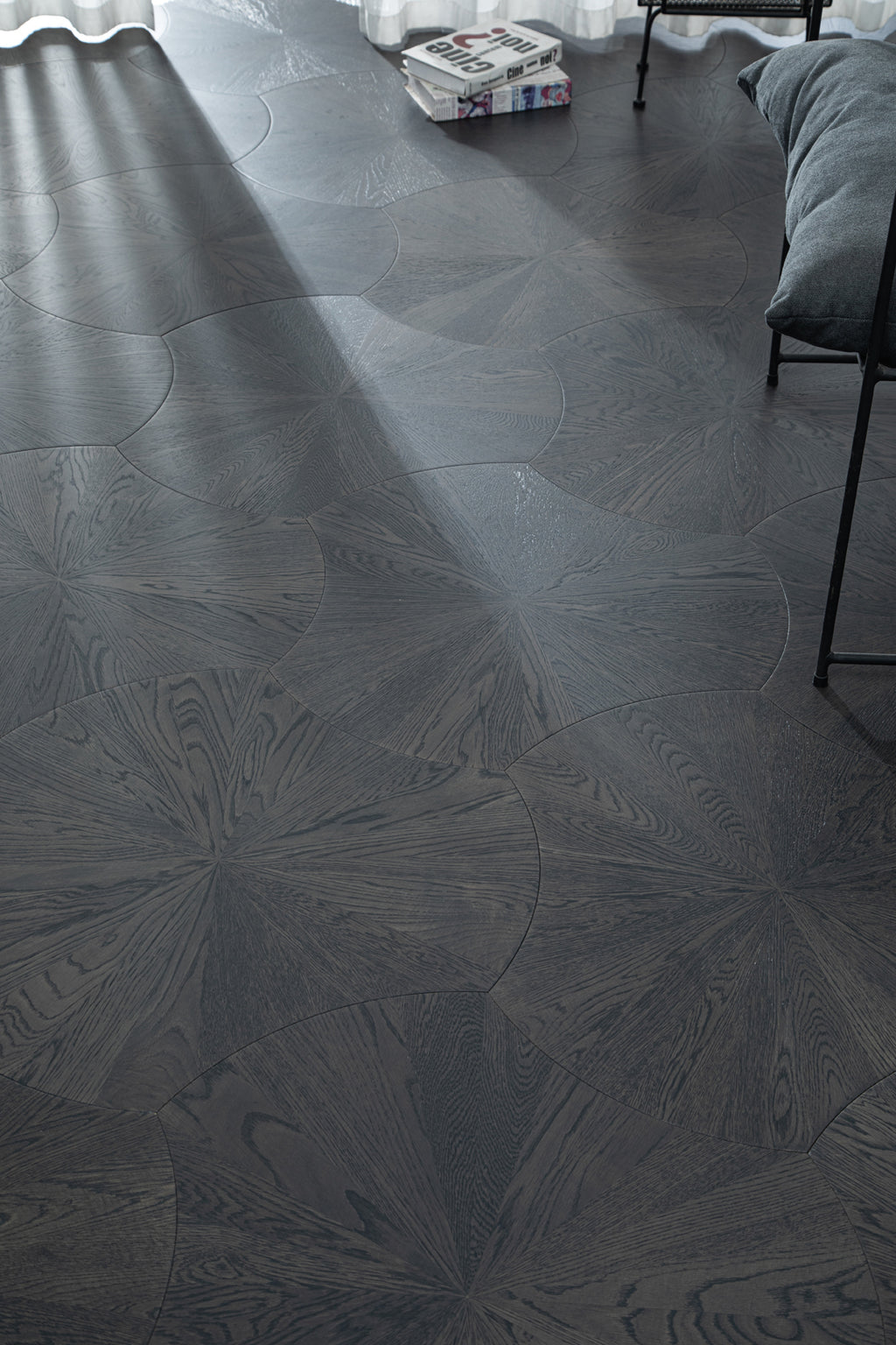 YXPX603 Deep Charcoal Oak Sunburst Radial Luxury Parquet Flooring | Lotus Leaf Series