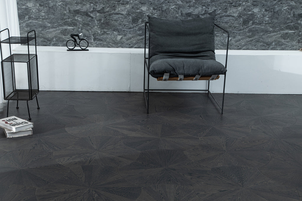 YXPX603 Deep Charcoal Oak Sunburst Radial Luxury Parquet Flooring | Lotus Leaf Series