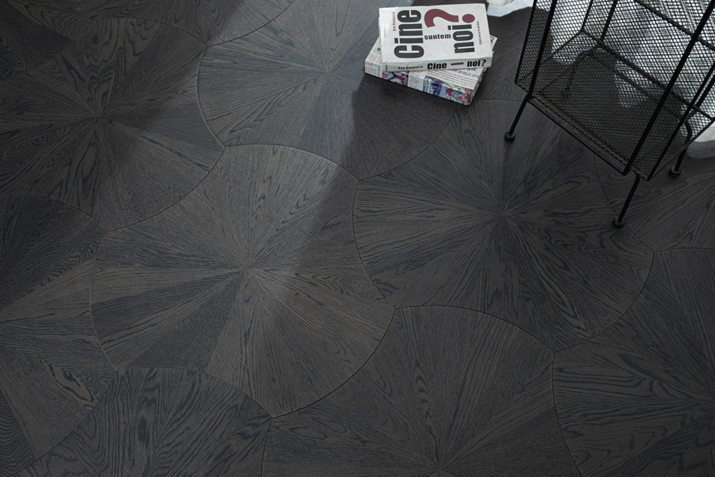 YXPX603 Deep Charcoal Oak Sunburst Radial Luxury Parquet Flooring | Lotus Leaf Series