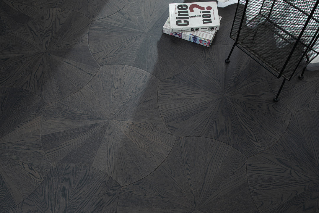 YXPX603 Deep Charcoal Oak Sunburst Radial Luxury Parquet Flooring | Lotus Leaf Series