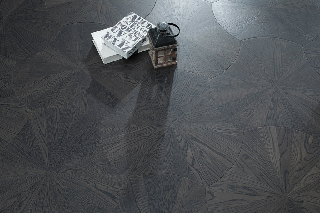 YXPX603 Deep Charcoal Oak Sunburst Radial Luxury Parquet Flooring | Lotus Leaf Series