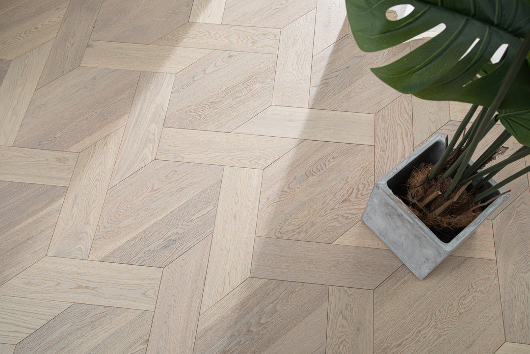 YXPX621   Washed Grey Oak Woven Knot Pattern Minimalist Oriental Artistic Parquet Flooring | Chinese Knot Series