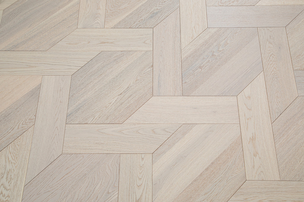 YXPX621   Washed Grey Oak Woven Knot Pattern Minimalist Oriental Artistic Parquet Flooring | Chinese Knot Series