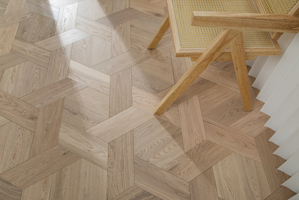 YXPX625 Light Oak Hexagonal Chevron Modern Geometric Parquet Flooring | Honeycomb Motif Series