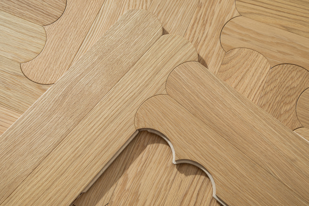 YXPX629 Natural Oak Scalloped Edge Soft Romantic Parquet Flooring | Scalloped Herringbone Series