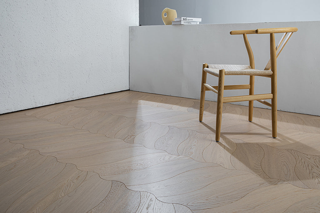 YXPX655  Pale Greige Oak Undulating Ripple Organic Parquet Flooring | Wave Series