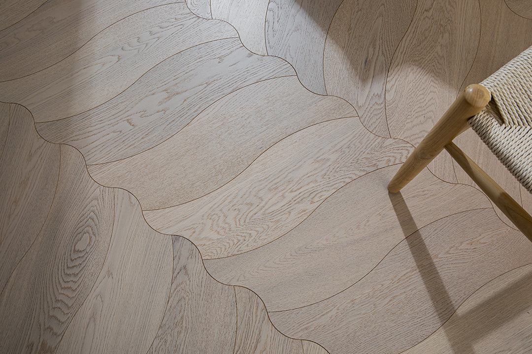 YXPX655  Pale Greige Oak Undulating Ripple Organic Parquet Flooring | Wave Series