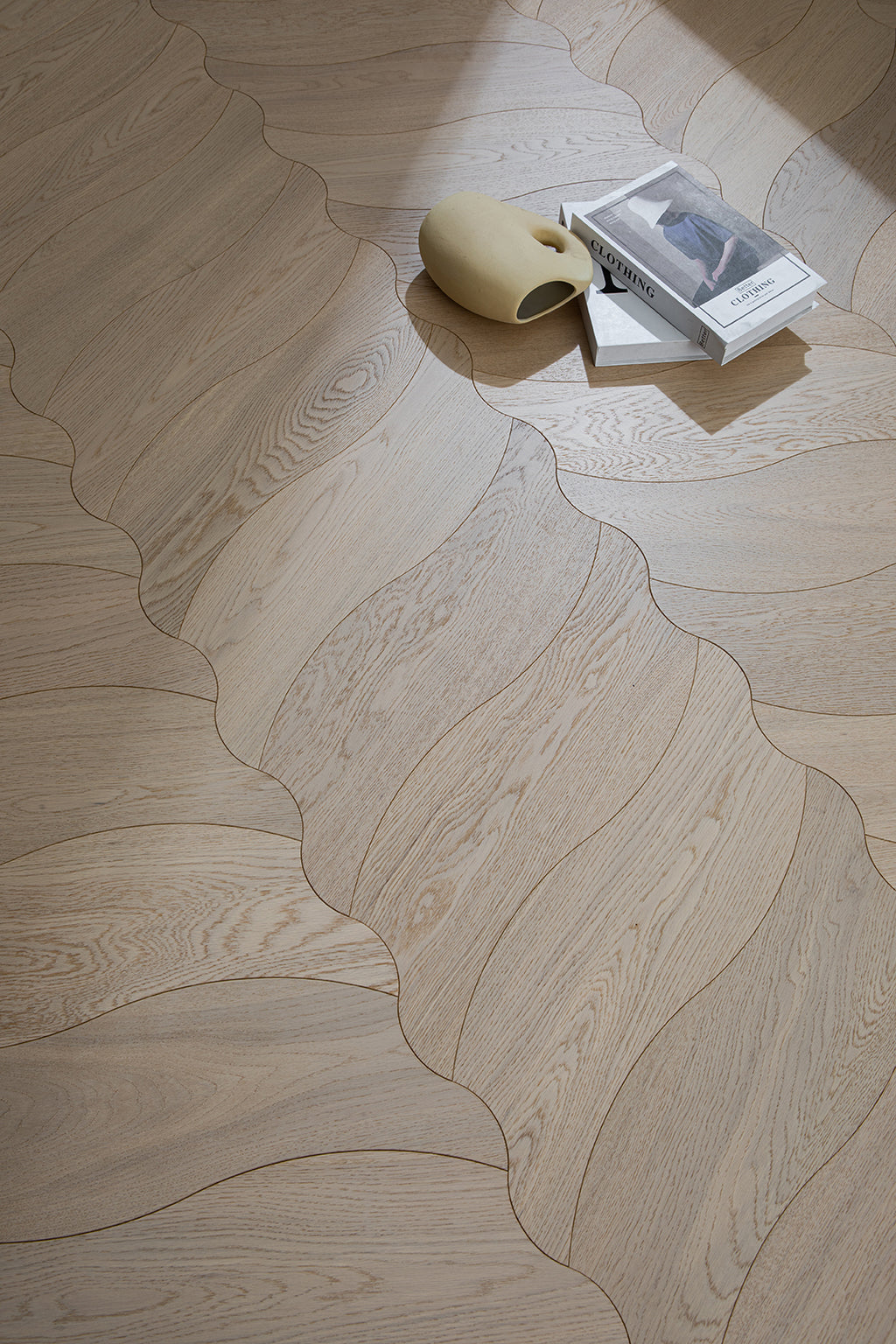 YXPX655  Pale Greige Oak Undulating Ripple Organic Parquet Flooring | Wave Series