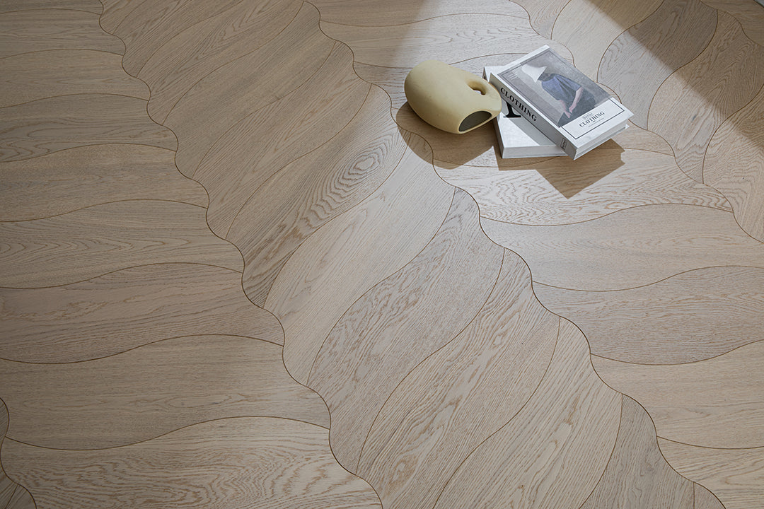 YXPX655  Pale Greige Oak Undulating Ripple Organic Parquet Flooring | Wave Series
