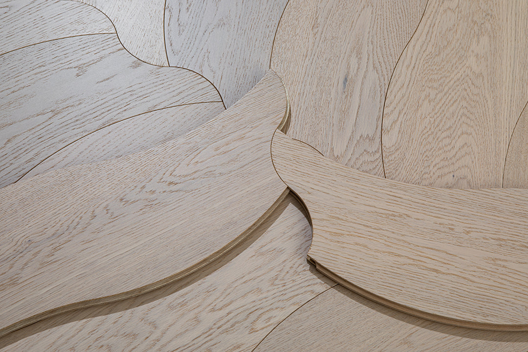 YXPX655  Pale Greige Oak Undulating Ripple Organic Parquet Flooring | Wave Series