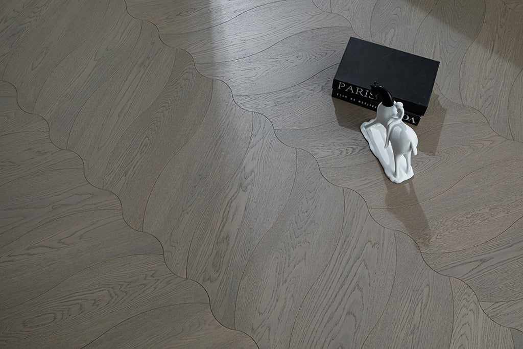 YXPX656  Brushed Grey Oak Undulating Ripple Contemporary Parquet Flooring | Wave Series