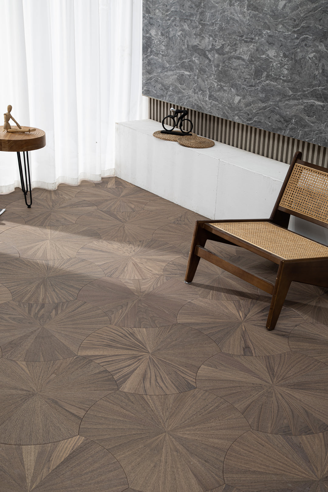 YXPH101 Black Walnut Radial Sunburst Parquet Flooring | Lotus Leaf Series