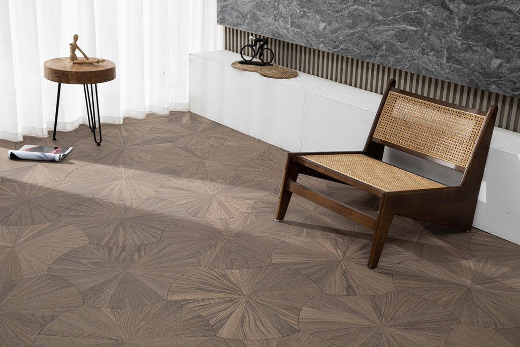 YXPH101 Black Walnut Radial Sunburst Parquet Flooring | Lotus Leaf Series