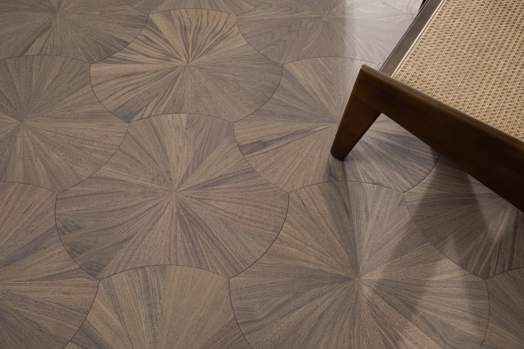YXPH101 Black Walnut Radial Sunburst Parquet Flooring | Lotus Leaf Series