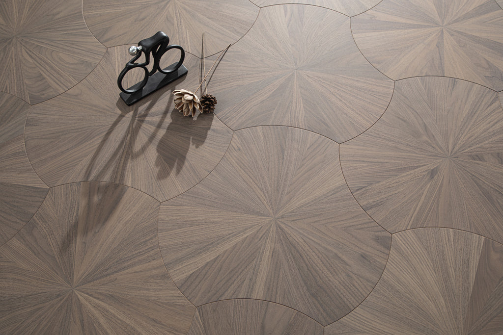 YXPH102 Black Walnut Radial Sunburst Parquet Flooring | Lotus Leaf Series