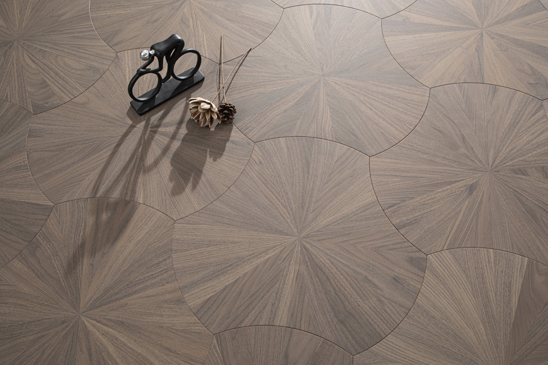 YXPH102 Black Walnut Radial Sunburst Parquet Flooring | Lotus Leaf Series