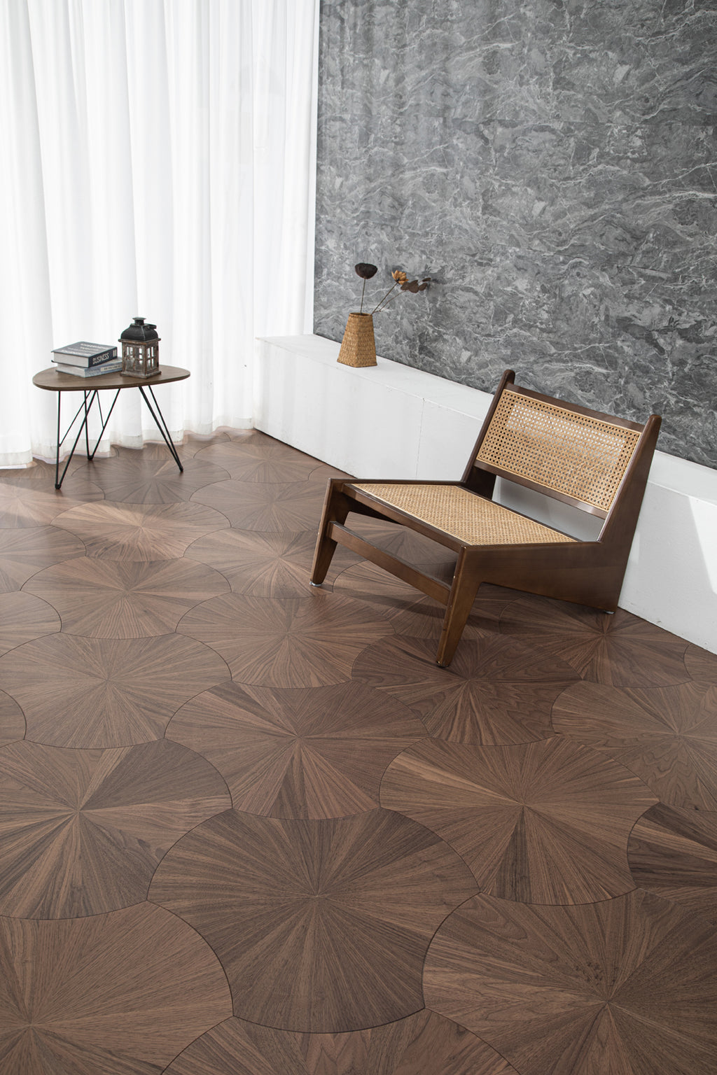 YXPH103 Black Walnut Radial Sunburst Parquet Flooring | Lotus Leaf Series