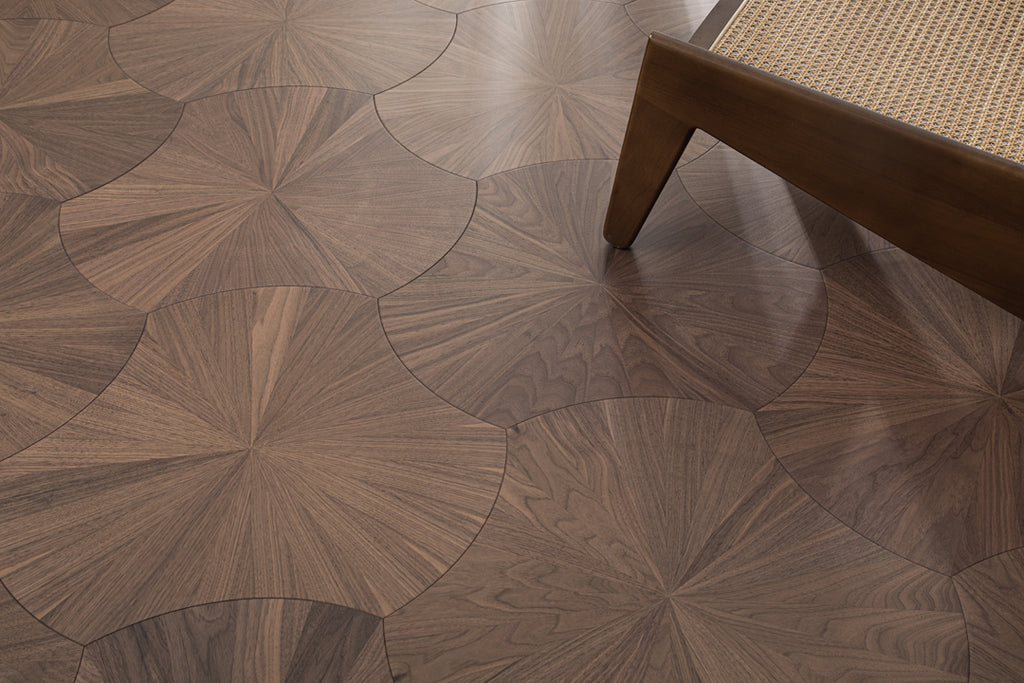 YXPH103 Black Walnut Radial Sunburst Parquet Flooring | Lotus Leaf Series