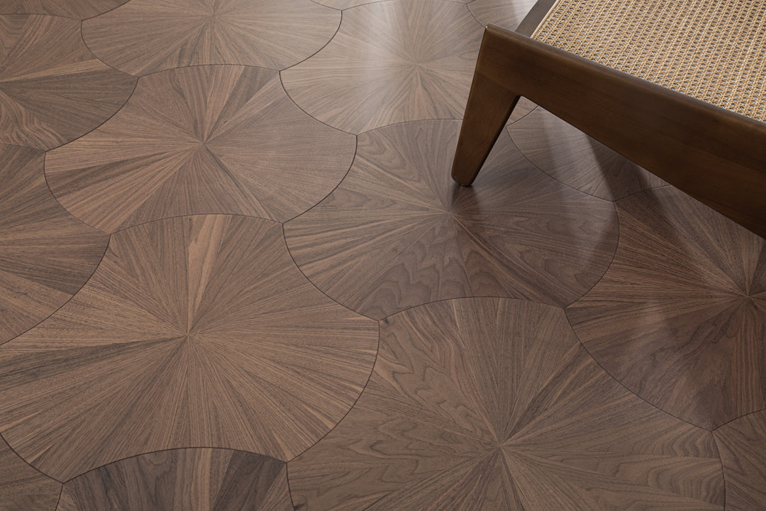 YXPH103 Black Walnut Radial Sunburst Parquet Flooring | Lotus Leaf Series