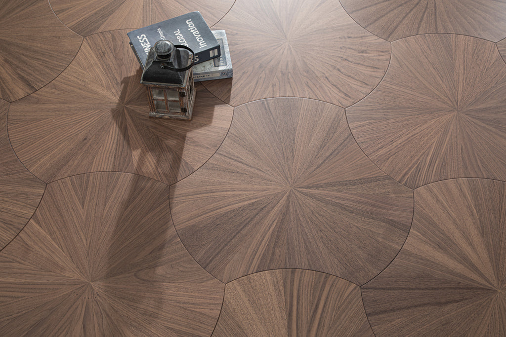 YXPH103 Black Walnut Radial Sunburst Parquet Flooring | Lotus Leaf Series