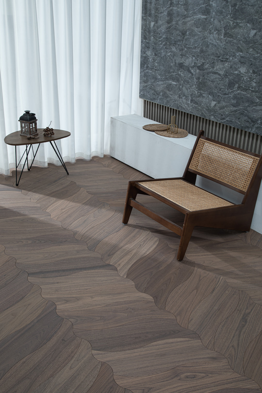 YXPH105 Black Walnut Flowing Ripple Parquet Flooring | Wave Series