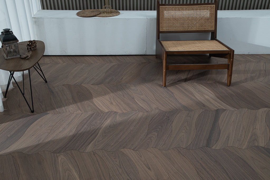YXPH105 Black Walnut Flowing Ripple Parquet Flooring | Wave Series