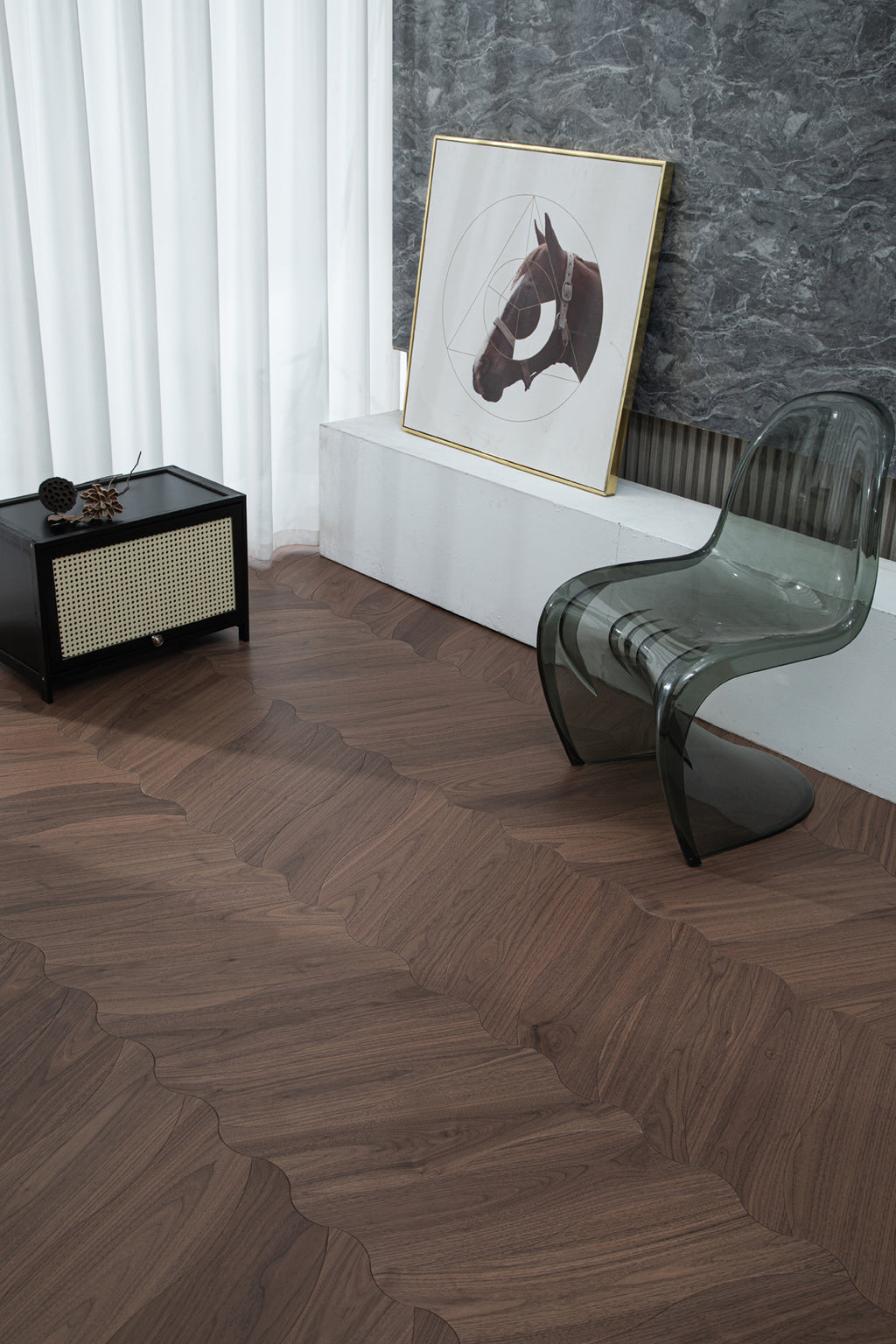 YXPH107 Black Walnut Flowing Ripple Parquet Flooring | Wave Series
