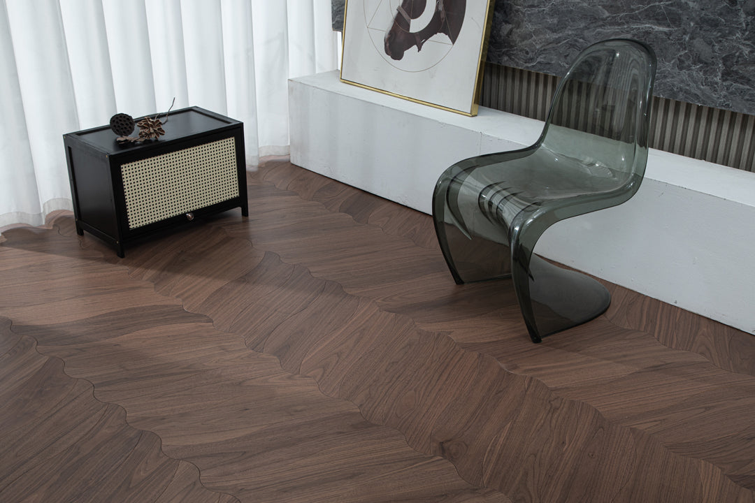 YXPH107 Black Walnut Flowing Ripple Parquet Flooring | Wave Series