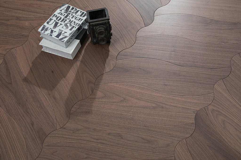 YXPH107 Black Walnut Flowing Ripple Parquet Flooring | Wave Series