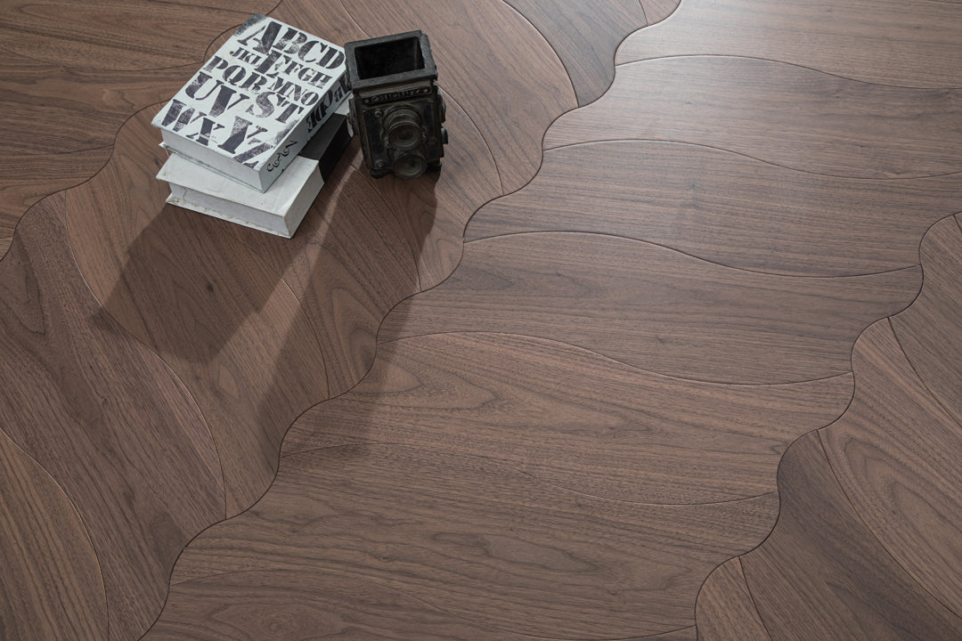 YXPH107 Black Walnut Flowing Ripple Parquet Flooring | Wave Series