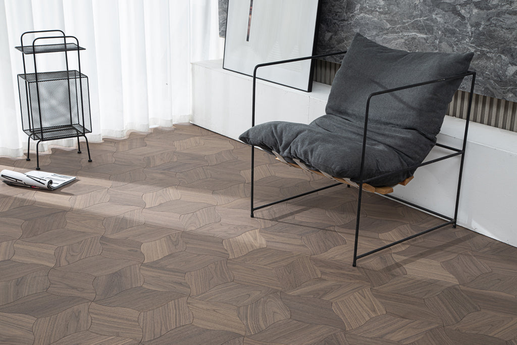 YXPH108 Black Walnut Curved Petal Floral Marquetry Parquet Flooring | Lily Series