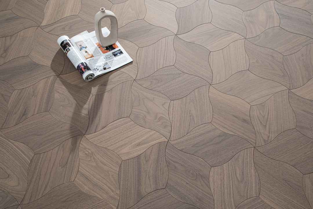 YXPH108 Black Walnut Curved Petal Floral Marquetry Parquet Flooring | Lily Series