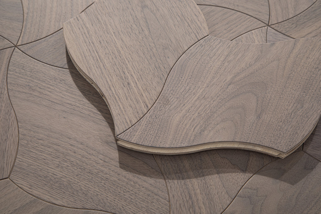 YXPH108 Black Walnut Curved Petal Floral Marquetry Parquet Flooring | Lily Series