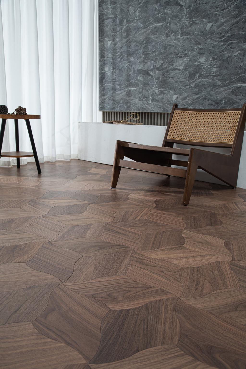YXPH110 Black Walnut Curved Petal Floral Marquetry Parquet Flooring | Lily Series